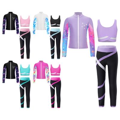 Kids 3 Pieces Girl Sports Dance Outfit Crop Tank Top with Athletic Leggings and Long Sleeve Jacket Set Tracksuit