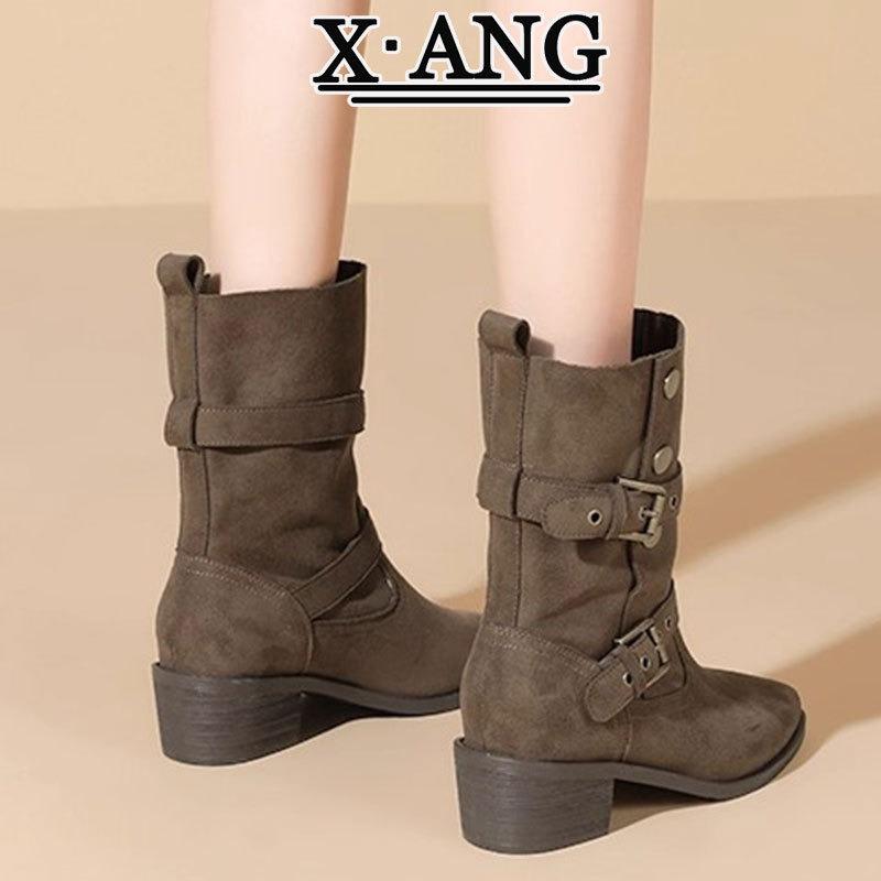 

Cowhide Maillard Boots Women s Thick Heel Pile Boots Belt Buckle Medium Martin Boots Knight Boots Western Cowboy Boots 40