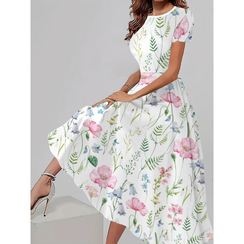 Womens Loose Fit Cotton Print Short Sleeve Round Neck Midi Dress Casual Wear