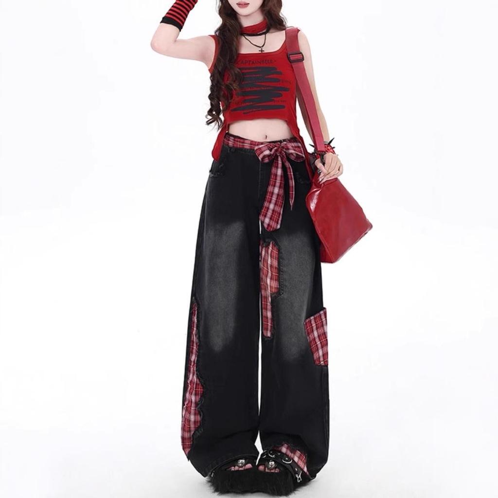 Red Plaid Patchwork High Waist Wide Leg Jeans - Women's Loose Straight-Leg Floor-Length Pants 2025