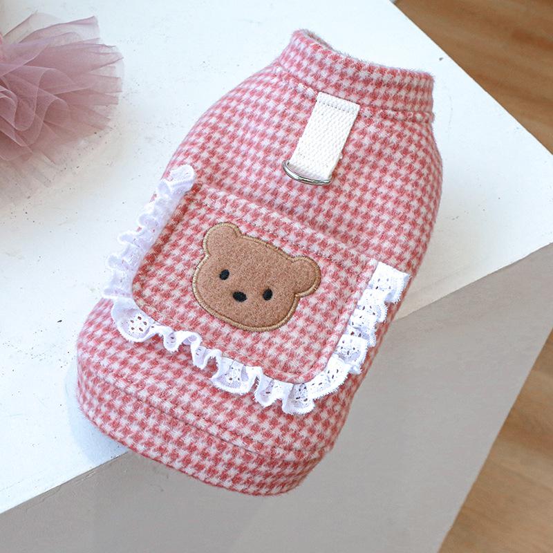 

Pet Clothing Puppy and Cat Clothing Autumn and Winter Warmth and Warmth Cute Checkered Pink Bear Couple Outfit Dog Dresses S