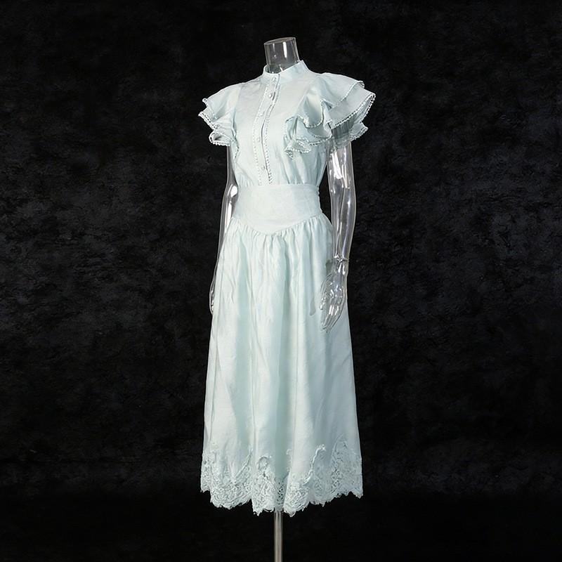 Retro Romantic Dress Set Women's Single-breasted Fly-sleeve Top + High-waist Slimming A-line Skirt