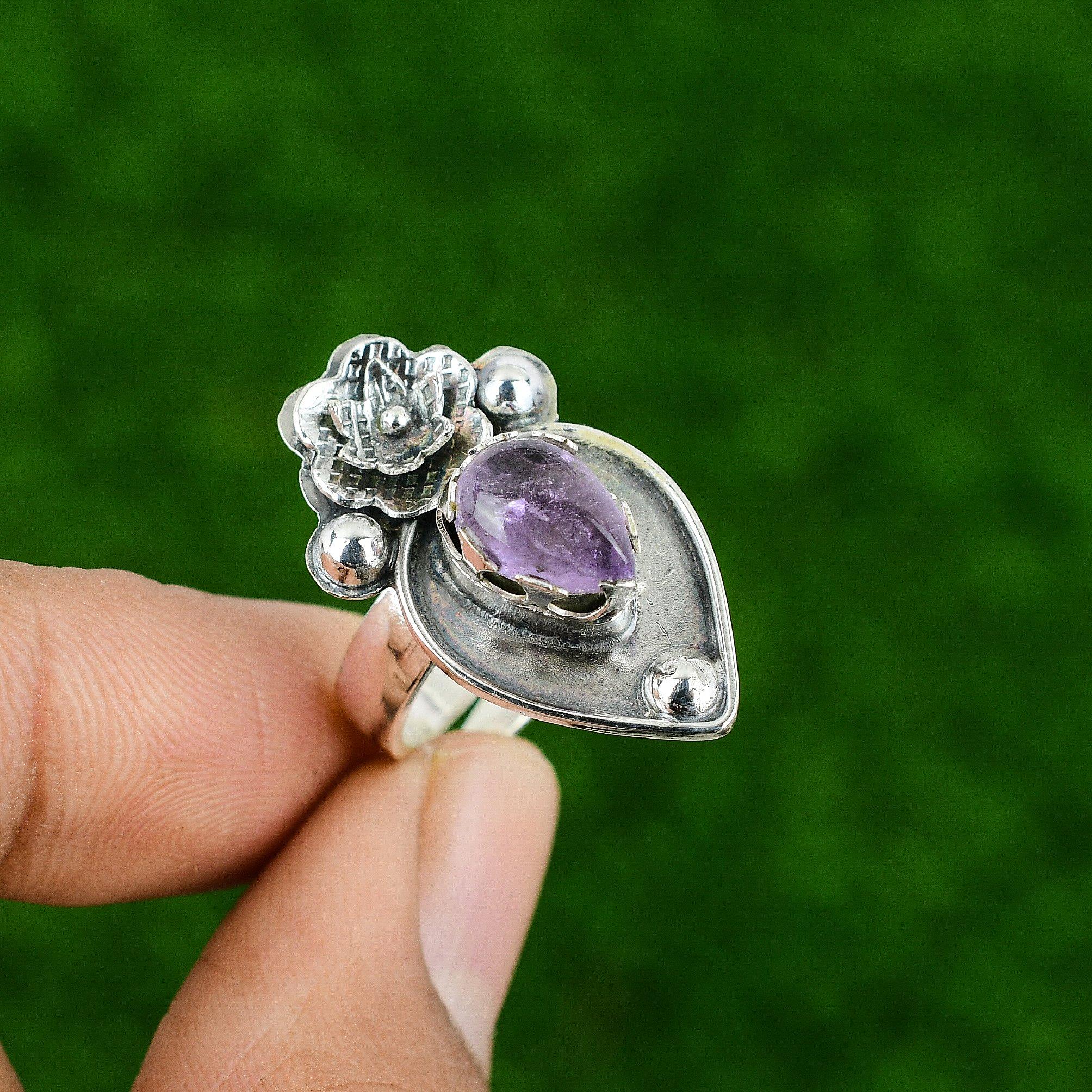 

925 Silver Natural African Amethyst Stackable Flower Adjustable Ring Adjustable