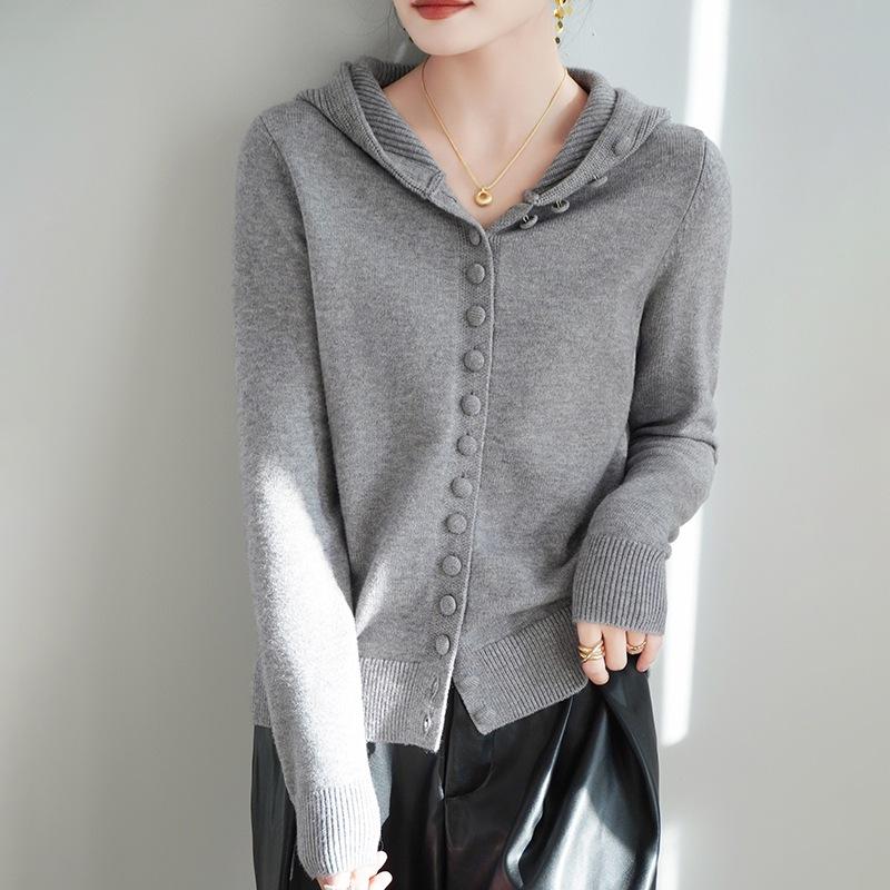

Новый женский вязаный свитер на весну и осень с утолщенными шерстяными застежками, кардиган с капюшоном и повседневная толстовка однотонной расцветки XL серый