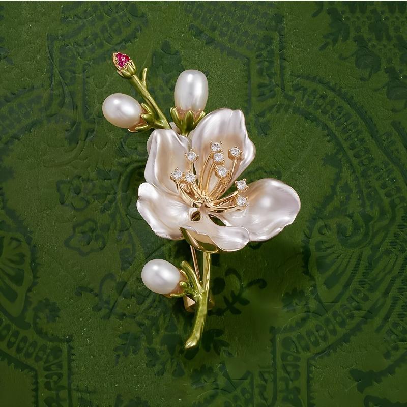 Chinese-style Peach Blossom Brooch, High-end Women's Exquisite Pearl Peach Blossom Brooch, Niche Design Sense Brooch