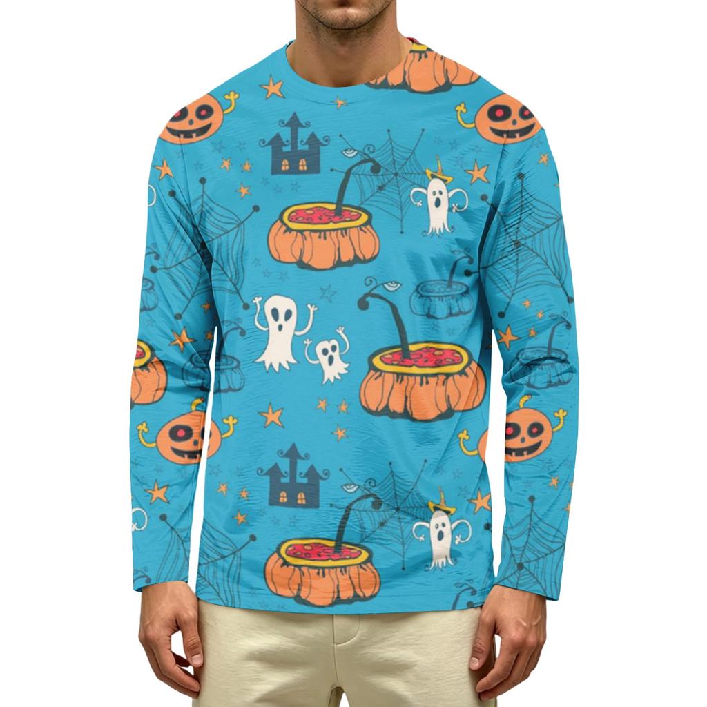 Men's Long Sleeve Casual T-Shirt Crew Neck Printed Halloween Pumpkin Pattern Top Comfortable Fit Lightweight Fabric