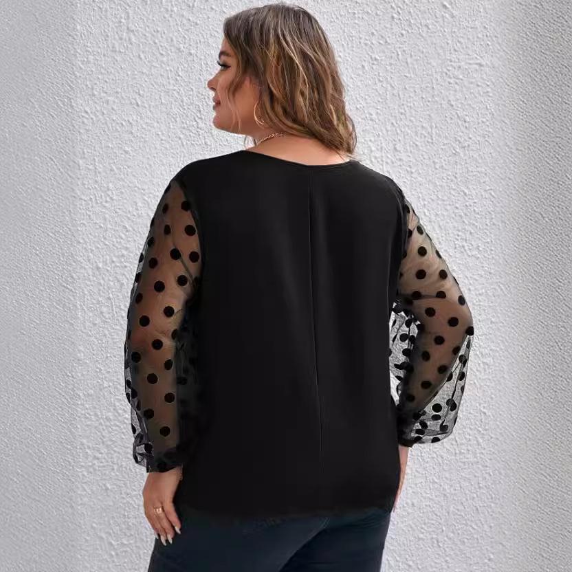 Plus Size Women's Mesh Patchwork Long Sleeve Solid Color Shirt