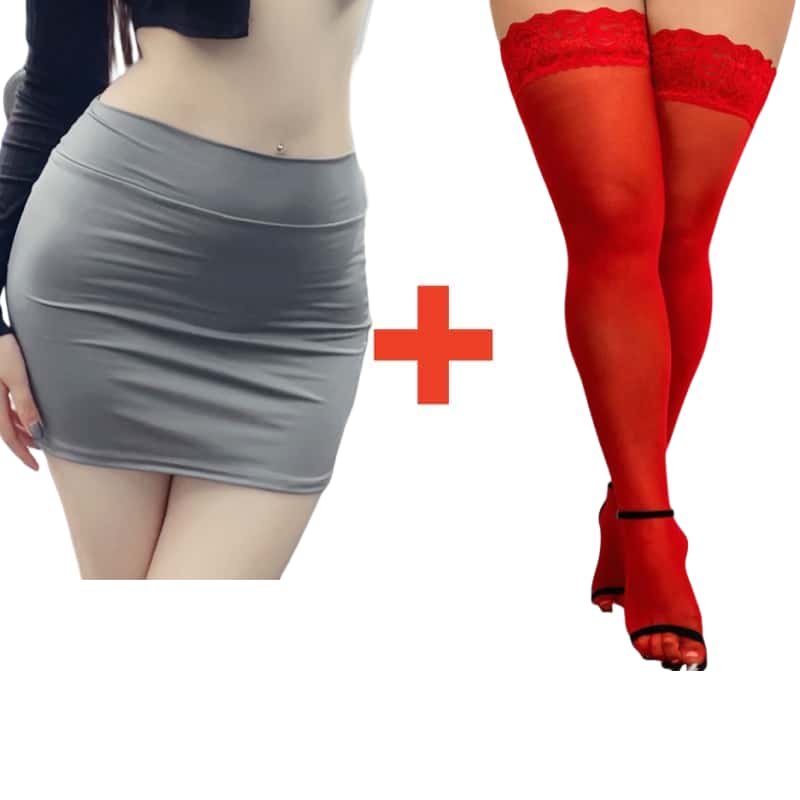 2PCS/SET Women High Waist Pencil Mini Skirts+Stockings Dress Set,Sexy Casual Wrap Hips Black Short Skirt and Pantyhose