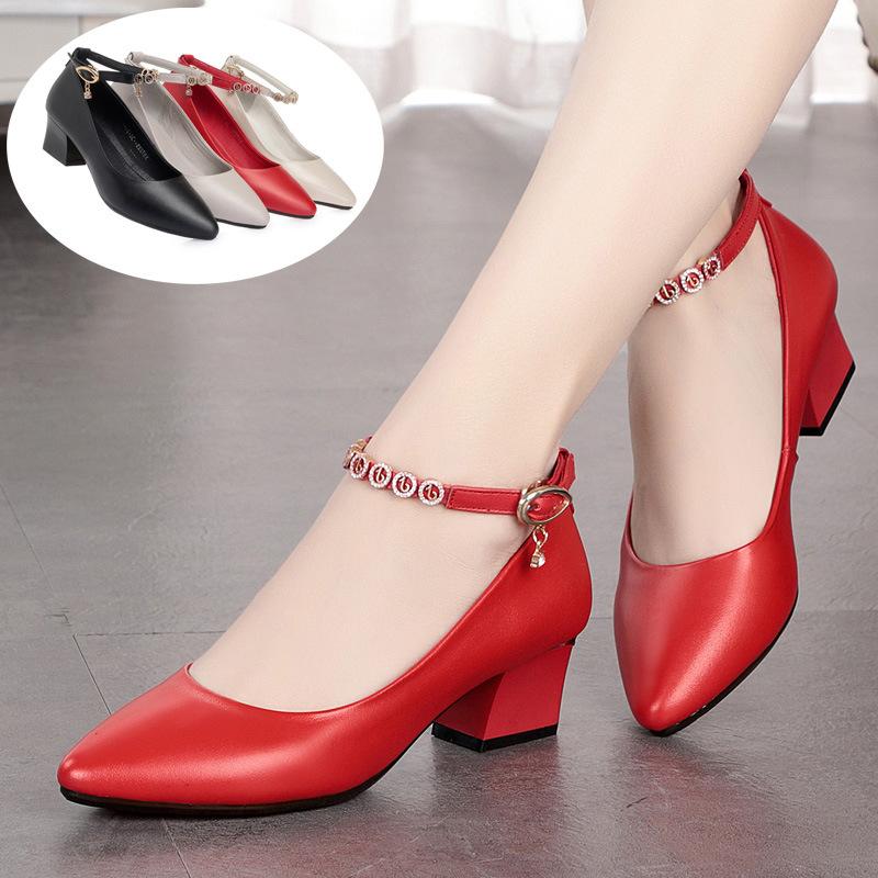 Fashion Genuine Leather High Heel Shoes Red Wedding Pumps Women Shoes Pointed Toe Rhinestone High Heel Shoes Ladies Elegant Office Shoe