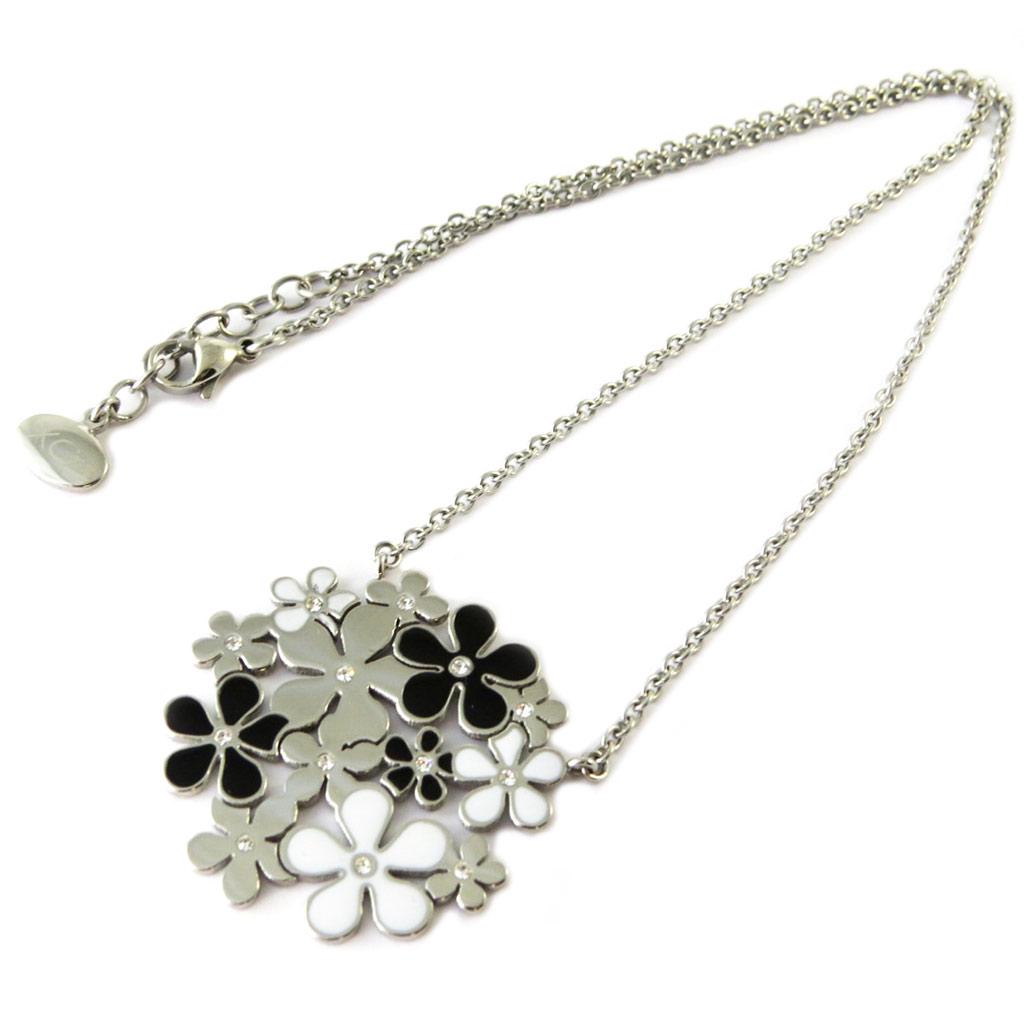 Altesse [P2233] - 'Calypso' White Black Silver Steel Necklace (flower)
