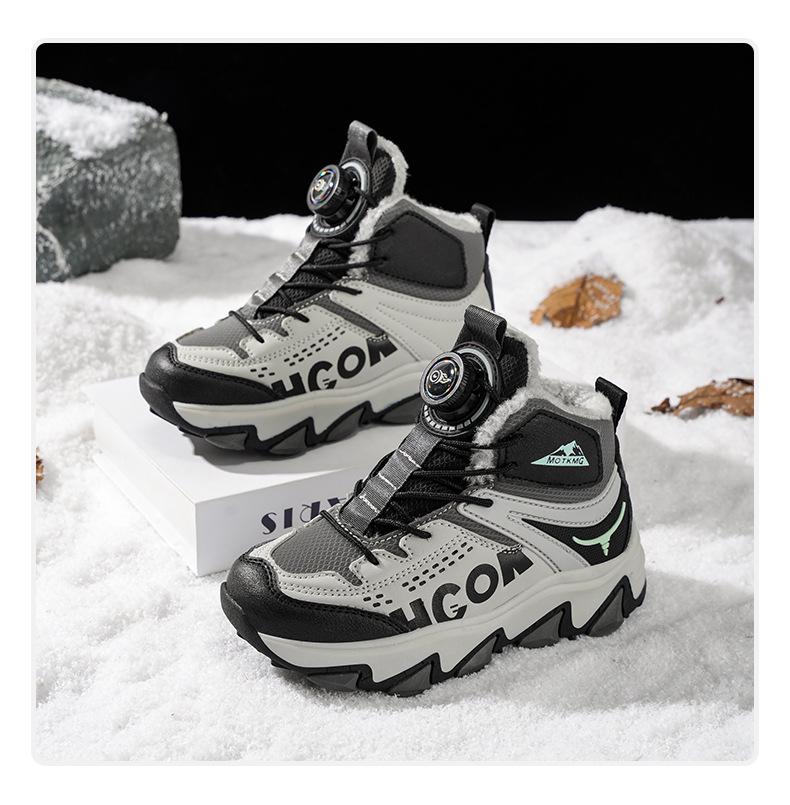 Pink Fleece-Lined High-Top Cotton Winter Boots with Rotary Laces for Older Children