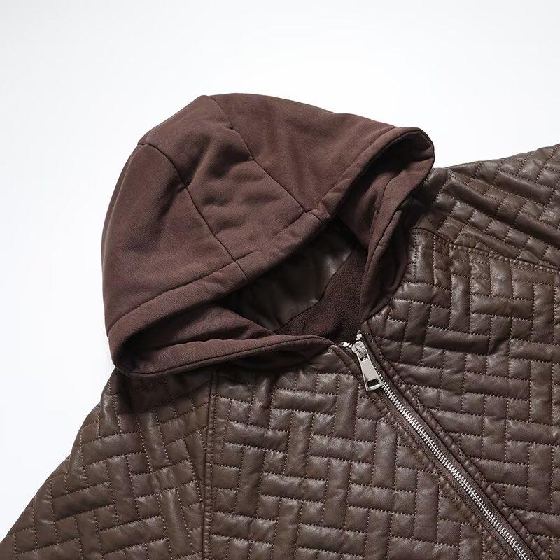 2024 Autumn Women's European & American Style Hooded Faux Leather Long Sleeve Loose Jacket