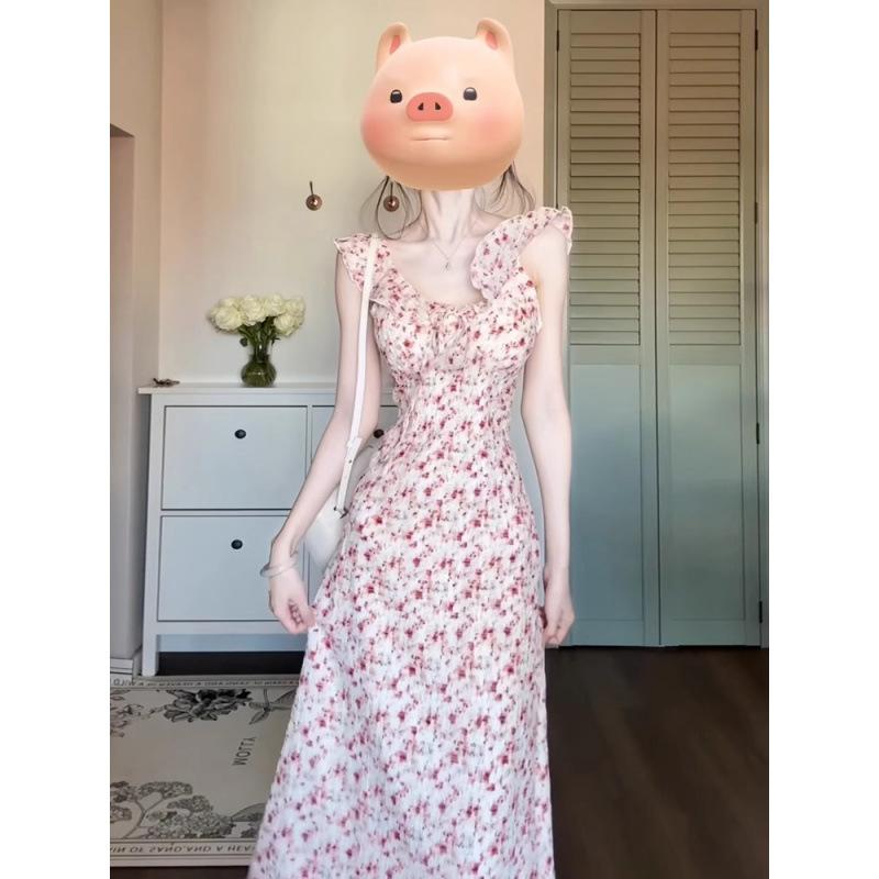 Sweet little fly sleeve suspender floral dress children's summer new seaside vacation temperament long dress