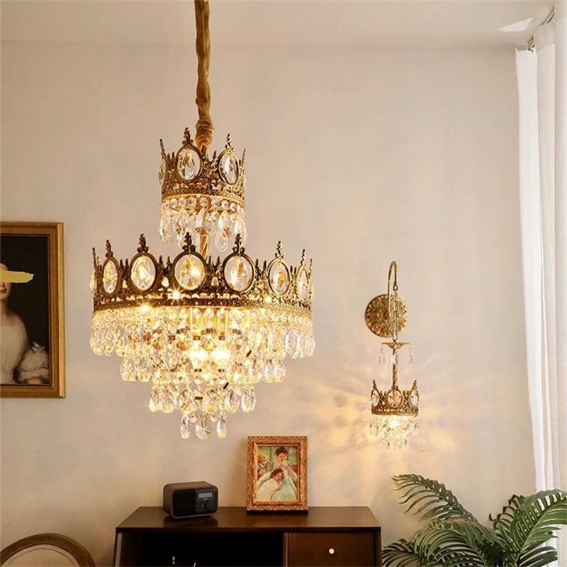 Vintage French Crown Crystal Chandelier - All-Copper Full Spectrum for Living Room, Bedroom, Entry, Bedside, or Wedding Décor.