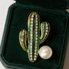 Enamel Cactus Brooch, High-end and Luxurious Pearl Plant Pin, Unique and Stylish Accessory