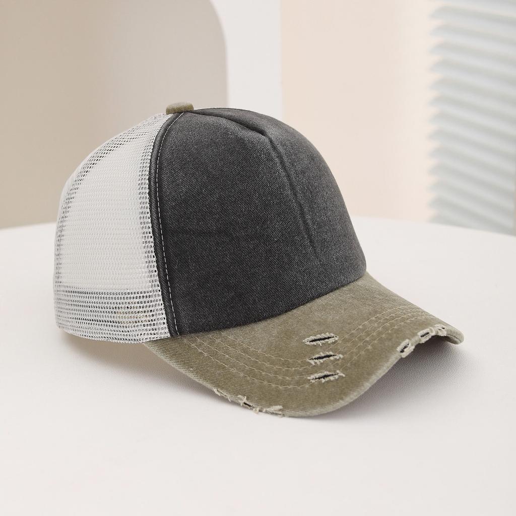 Fashionable Glossy Solid Color Washed Sponge Top Mesh Baseball Cap, Classic Perforated and Fringed Sunshade Baseball Cap