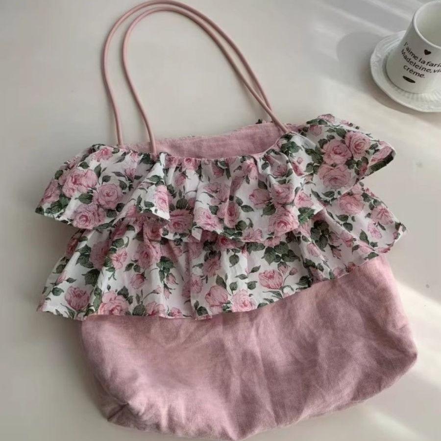 2025 new skirt flower bag niche design sense literary retro canvas bag versatile single shoulder portable tote bag