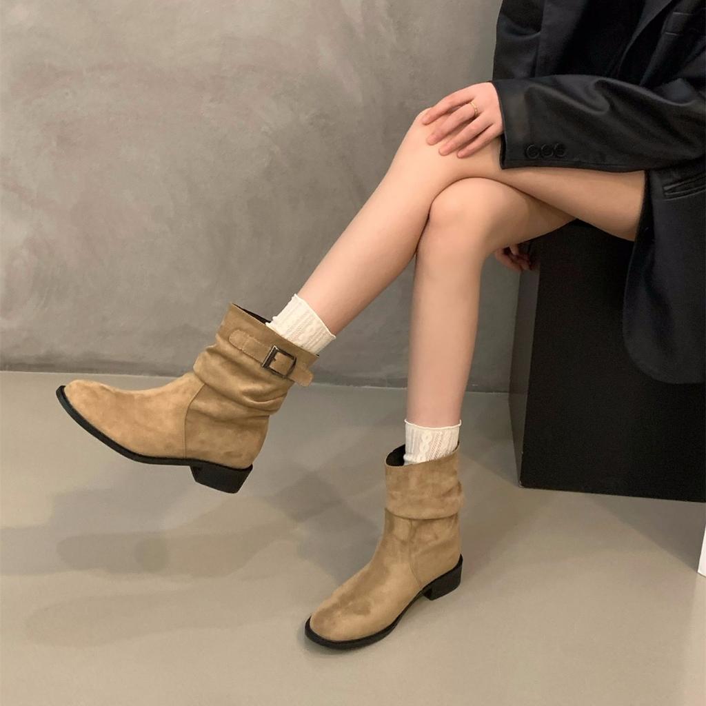 Heel Black Martin Boots Short Boots Women's Boots 2025 New Skinny Boots Autumn and Winter Khaki Suede Pile Boots