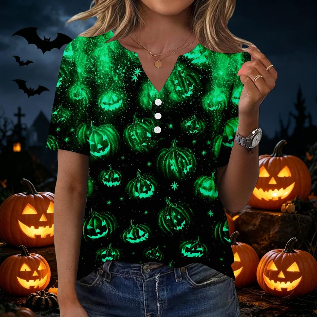 Women's Halloween Printed Loose Fit V Neck Short Sleeve Top with Pocket Casual Lightweight Blouse for Everyday Wear