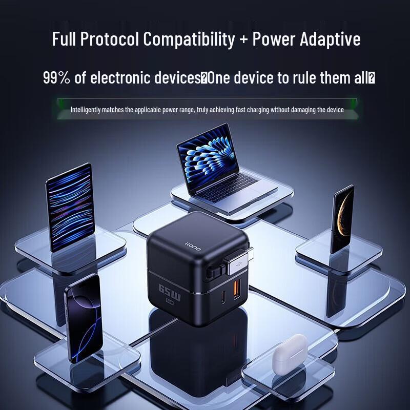 llano 65W GaN Multi-Port Desktop Charger with Retractable Cable