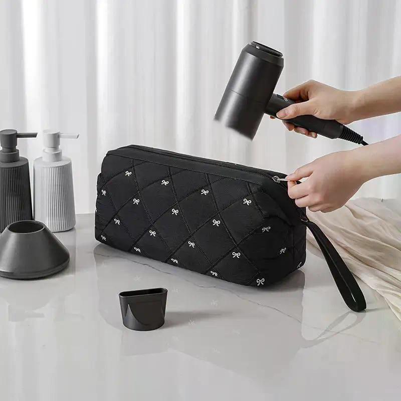 Women Hair Dryer Storage Bag For Travel Cute Bow Embroidery Quilted Hair Tools Waterproof Zipper Cosmetic Bags
