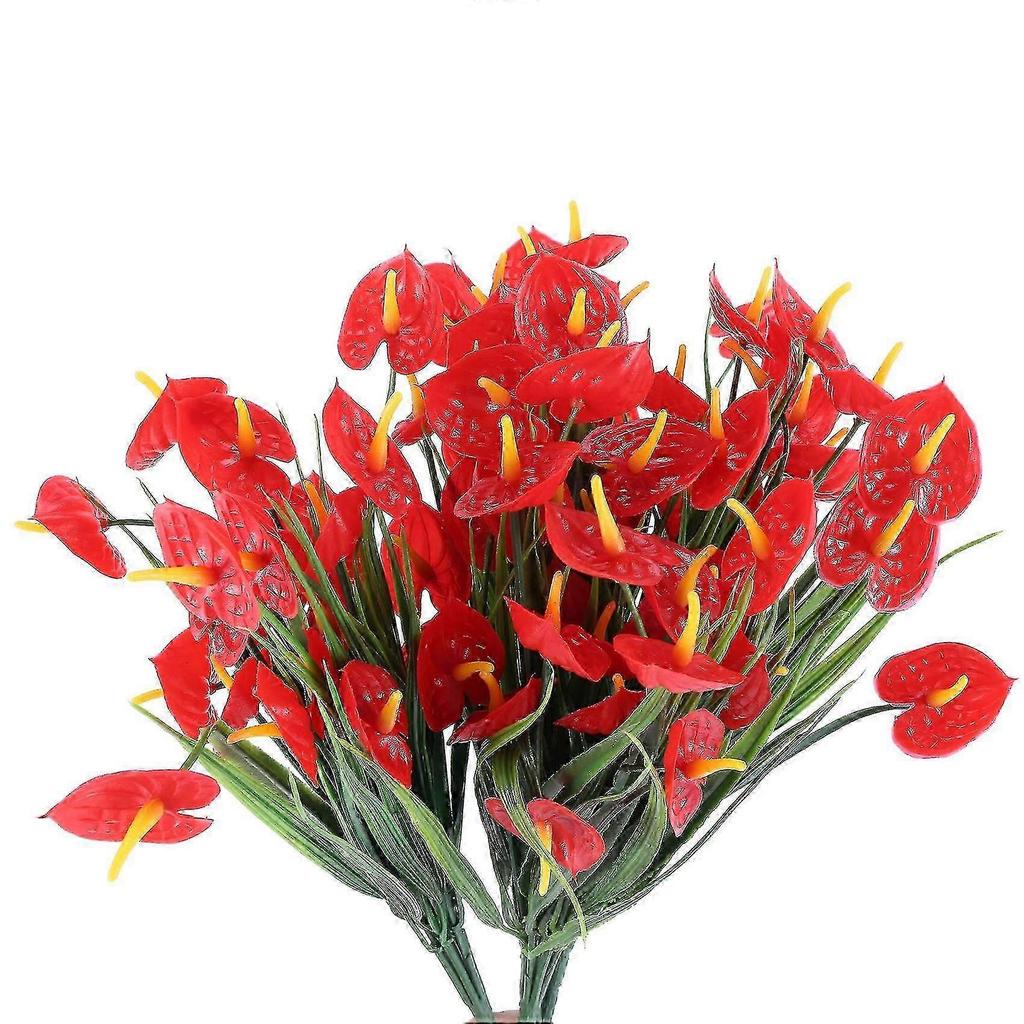 4 Bunches Artificial Fake Flowers Faux Anthurium Plants Plastic Shrubs Bushes Greenery Indoor Outsi 25-26s