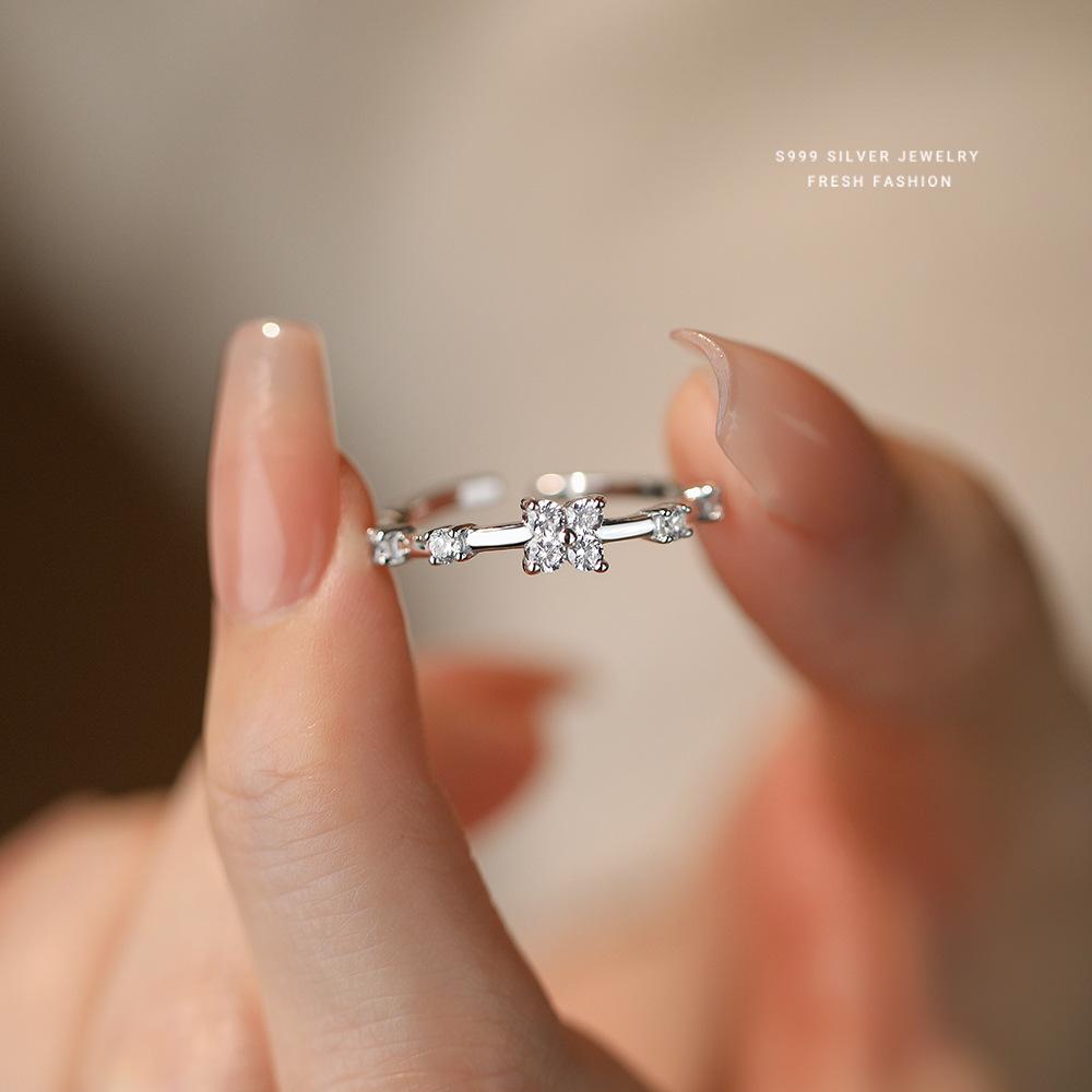 S999 Sterling Silver Zircon Flower Ring for Women Luxury Open Design High-End Sensation Versatile Silver Ring серебряный