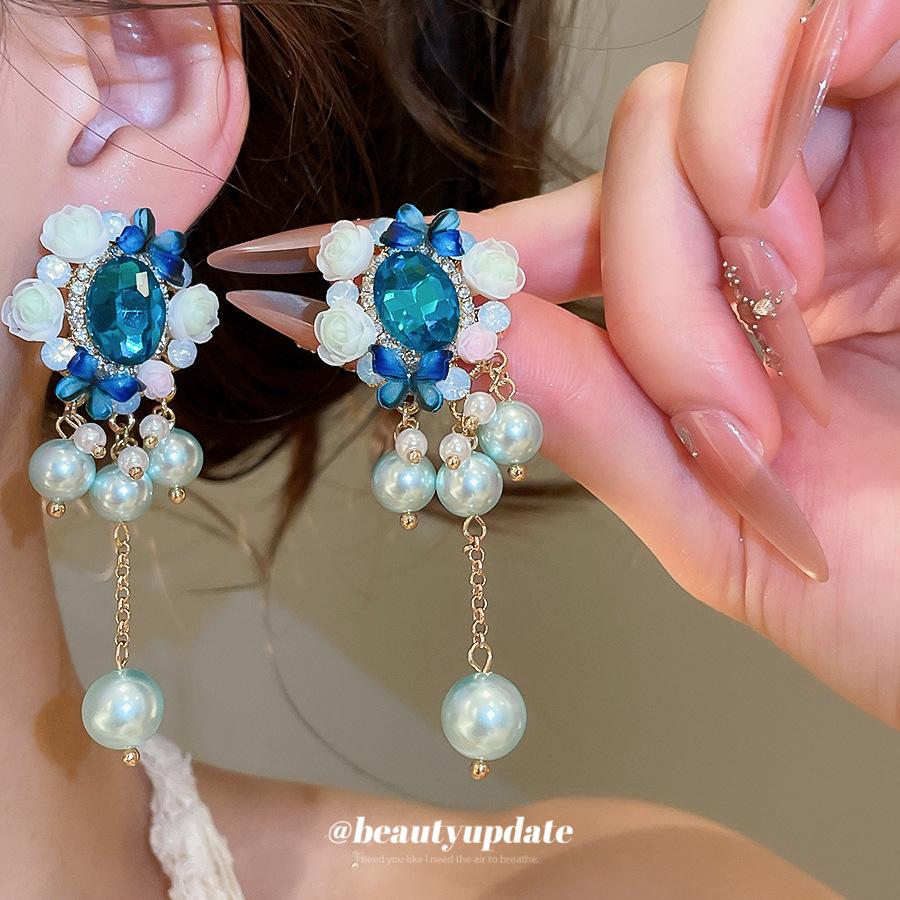 Silver Needle Holiday Style Rhinestone Resin Flower Butterfly Pearl Tassel Earrings Personalized Sweet Premium Earrings