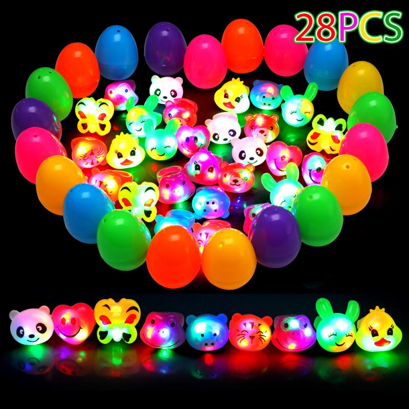 Paquete de 28 Anillos LED de Gelatina con Forma de Huevo de Pascua para Favores de Fiesta de Cumpleaños para Niños, Premios, Juguetes Intermitentes, Niños