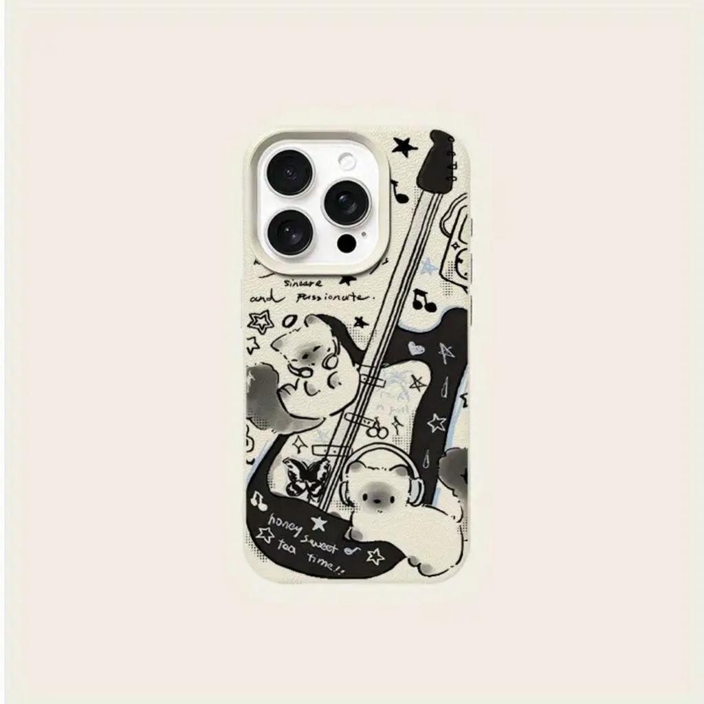 A Guitar Cat Patterned Lychee-Textured Phone Case, Suitable for iPhone 17, 16, 15, Plus, Pro, Max Series Phones — Can Be Used as a Gift