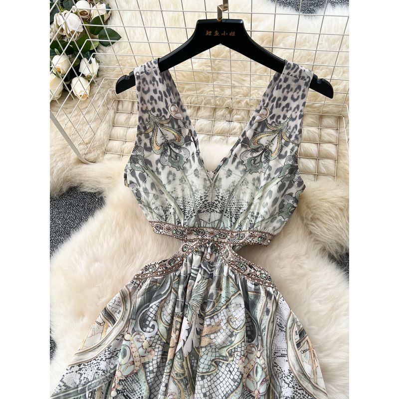 Seaside Holiday Style Dress Women Summer Design Sense Niche Hollow Waist V-neck Sleeveless Print Backless Long Dress