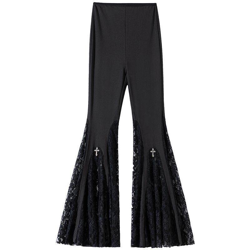 Retro Hong Kong Style Patchwork Lace Bell-bottom Pants for Women New Summer Thin Casual Elastic High-waist Leisure Pants