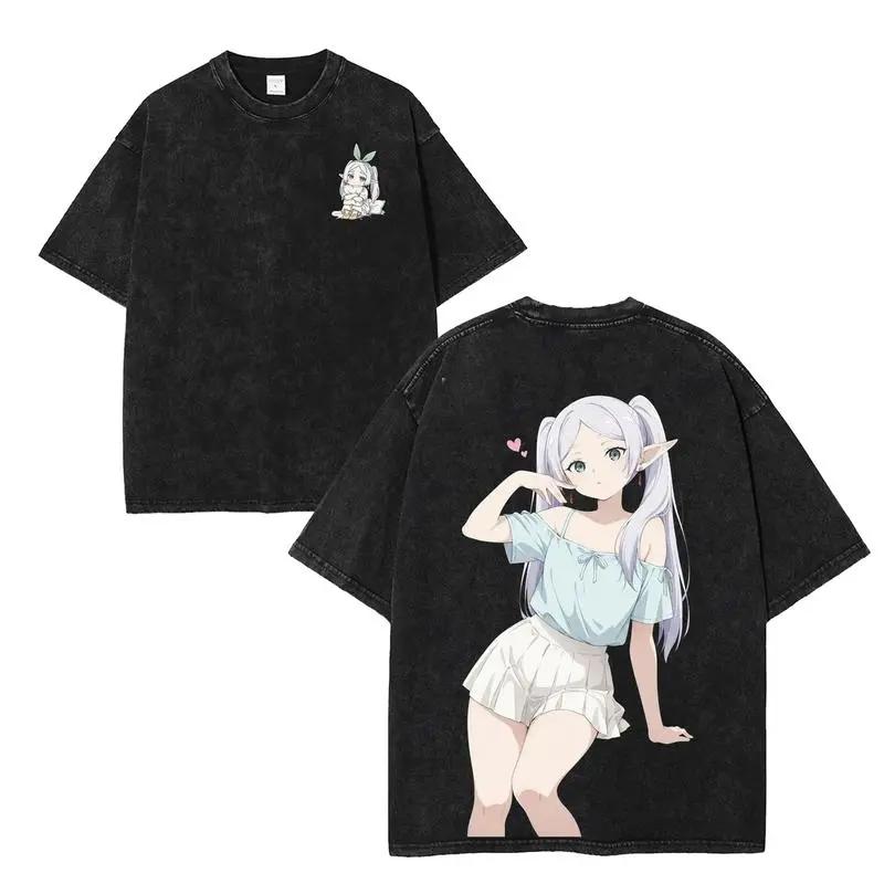 

Cute Frieren Anime T-shirt Y2k Vintage Washed Oversized T Shirt Summer Casual Short Sleeve Pure Cotton Tee Tops Men s Clothing S чёрный