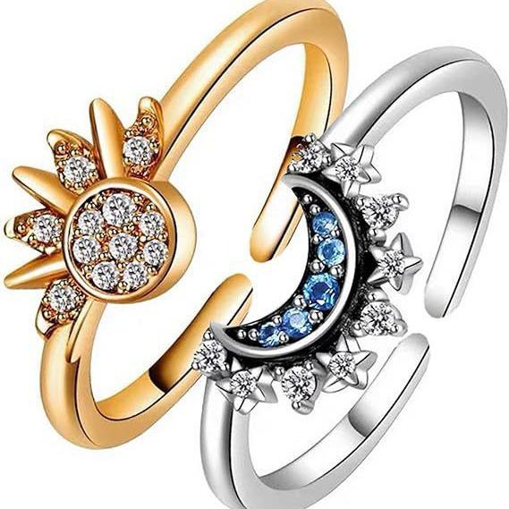 Ensemble d'Alliances Empilables Diamants Soleil et Lune Bleu Céleste pour Couple
