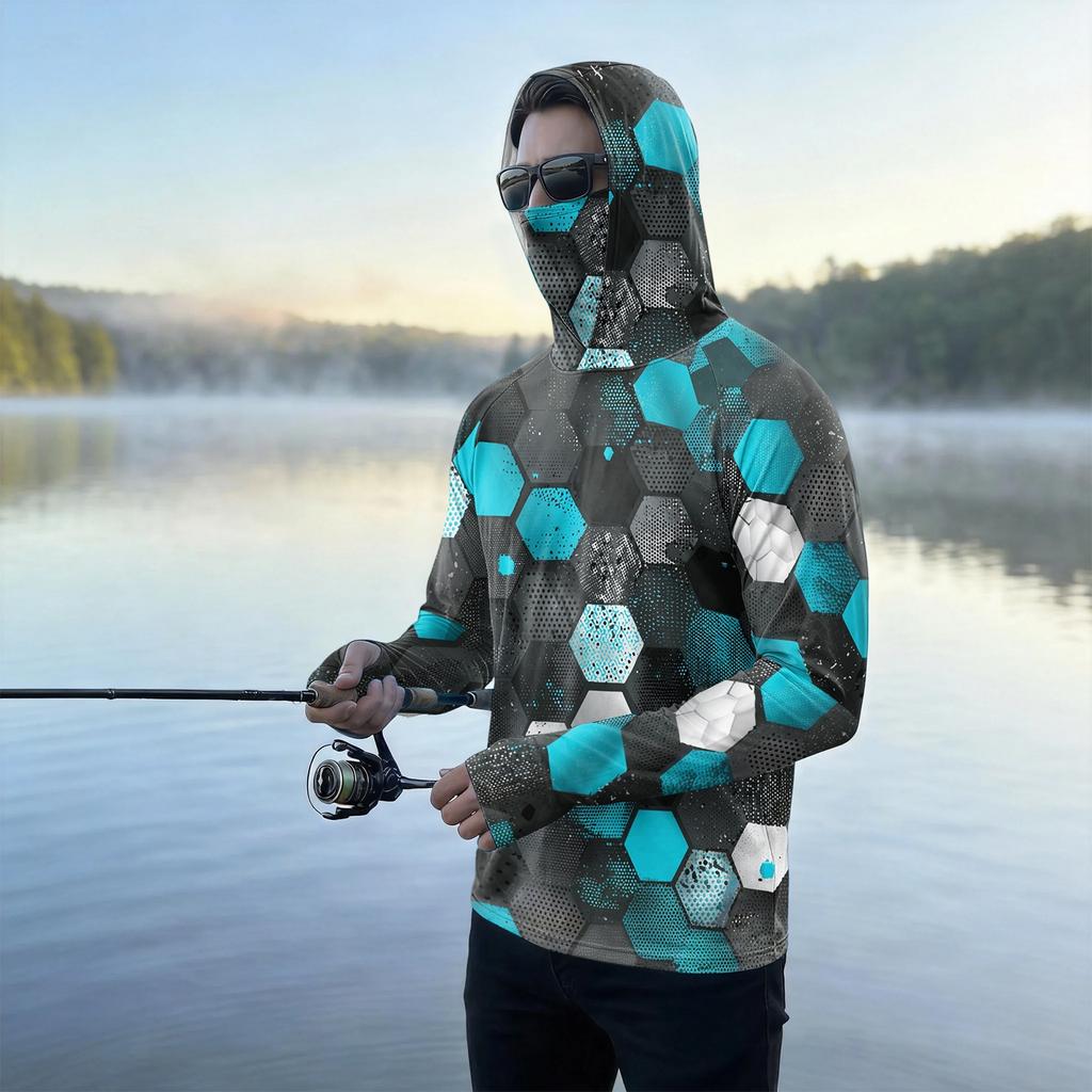 Men's Casual Outdoor Hoodie Long Sleeve Sun Protection Top Lightweight Breathable Striped Printed Hooded Shirt for Sports Hiking Fishing
