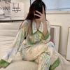 Summer High-End Green Fashion Lapel Pajamas Women'S Long-Sleeved Trousers Plant Flower Loungewear Set