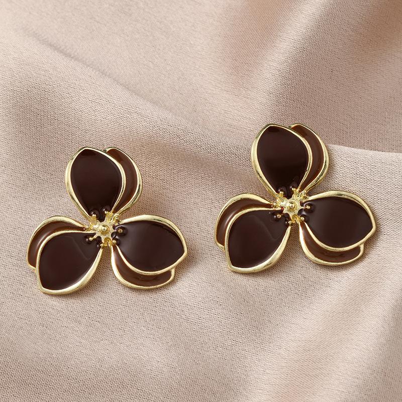 Hot Sale Korean Design Black Oil Dripping Flower Earrings