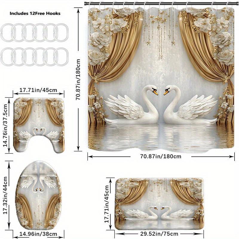 Tume Supply Bathroom Four-Piece Deluxe Gold Swan Curtain Pattern Shower Curtain Floor Mat Toilet Mat Set