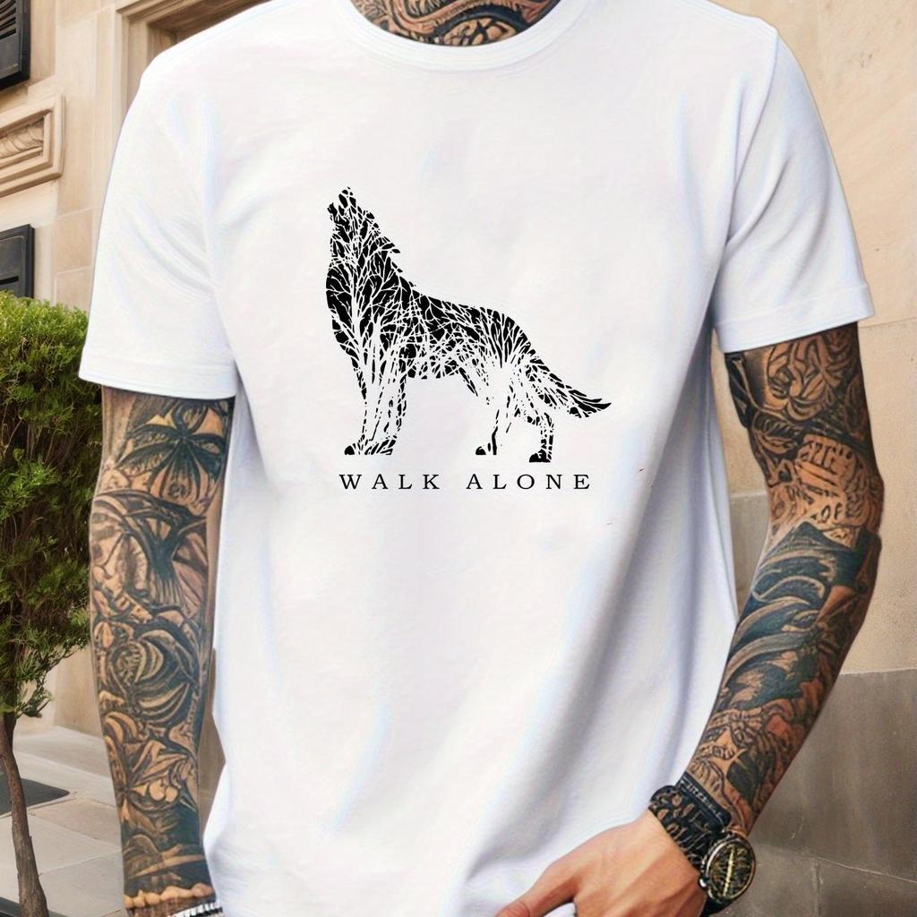 Men Wolf Pattern Cotton Tshirt  Casual Round Neck Short Sleeve Solo Design Summer Tee Summer Casual Wear Men Clothing