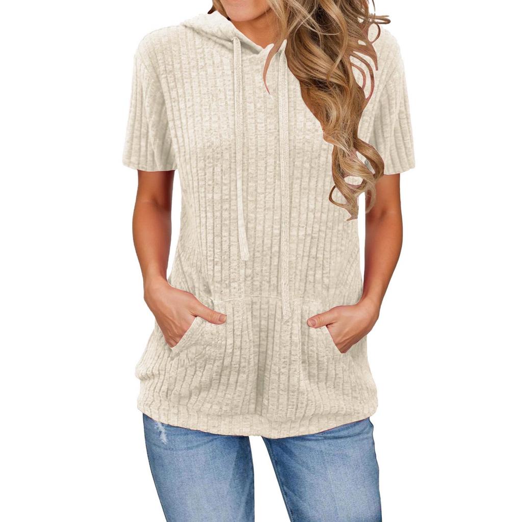 2025 European Women's Ribbed Pocket Hooded Vacation Short-Sleeve T-Shirt