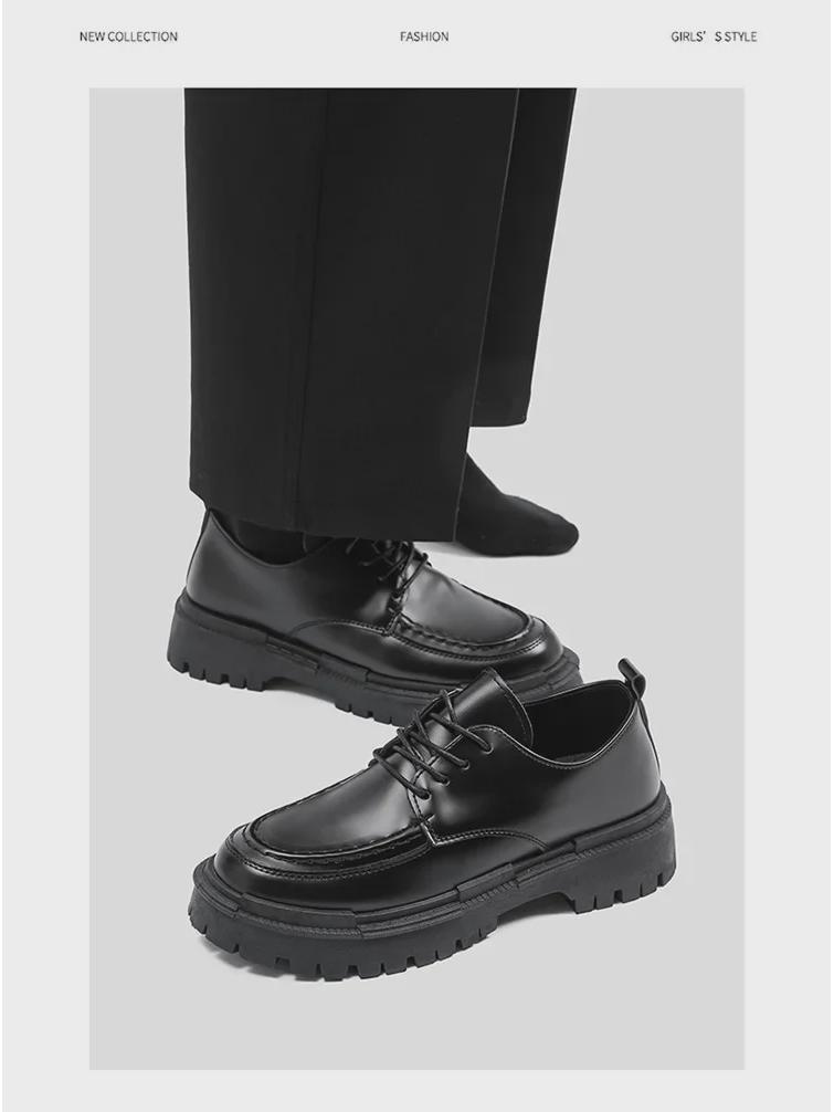 Men's Casual Black Leather Shoes - Autumn British Style, Thick Sole, Heightening Design, Fashionable College Footwear