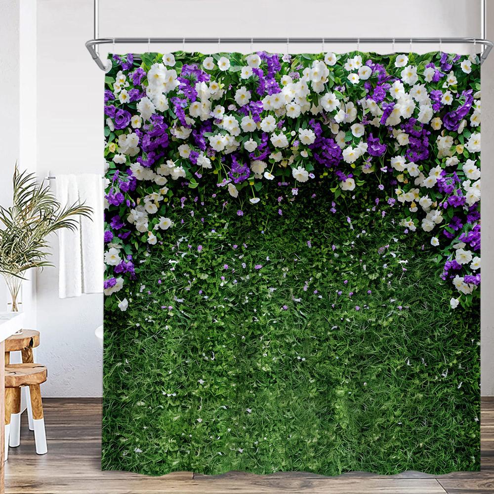 Green Vine Gray Wall Shower Curtain Green Leaf Plant White Purple Flower Nature Bathroom Decor Polyester Fabric Bath Curtain