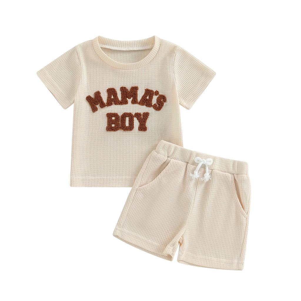 Baby Boy 2 Piece Waffle Outfits, Round Neck Short Sleeve Letter Embroidery Tops + Elastic Waist Shorts Toddler Mother's Boy Set