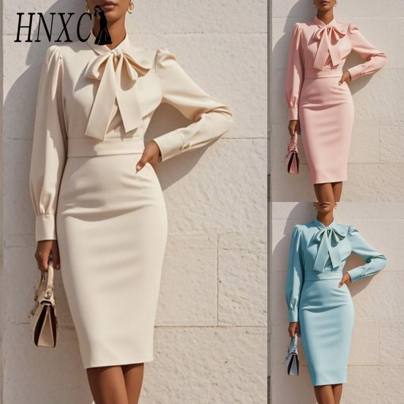 HNXC Women's Fashion Autumn Winter Solid Color Print Long SleeveCasual Dresses
