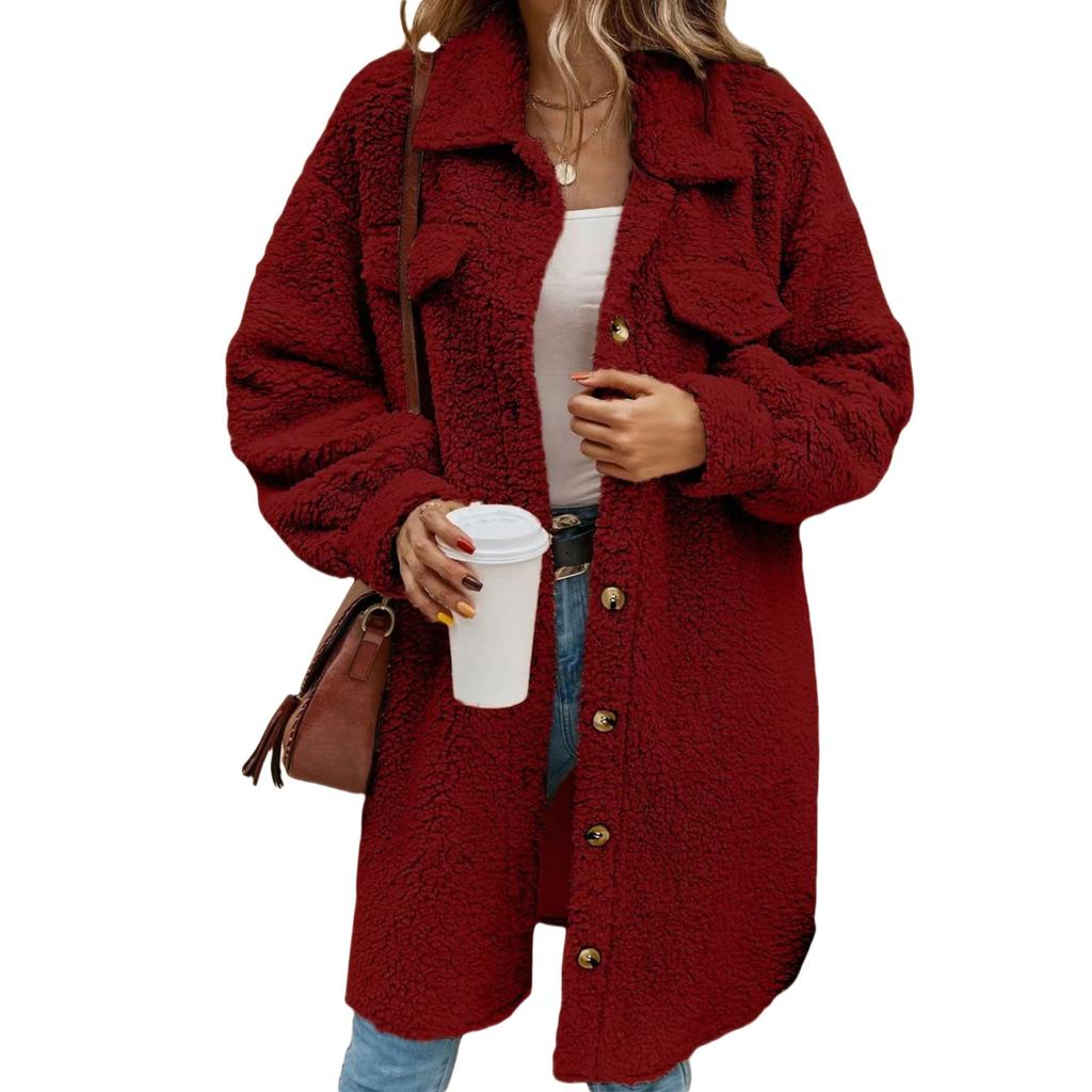 Women's Lapel Plush Jacket Elegant Long Overcoat Loose-Fit Winter Warm Cross-Border Amazon
