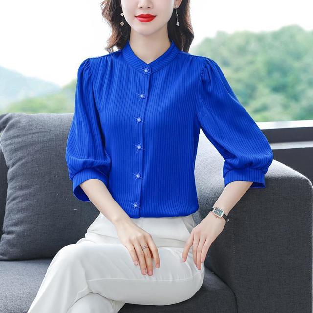 New Women's White Shirt Spring Autumn 3/4 Sleeve Striped Top Summer Loose Reducing Age Puff Sleeve Bottoming Blouse S-4XL