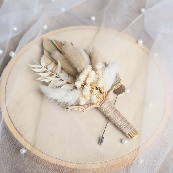 Gold Wheat Wedding Boutonniere Preserved Artificial Flower Lapel Pin for Groom Groomsman Rustic Floral Corsage for Wedding Party