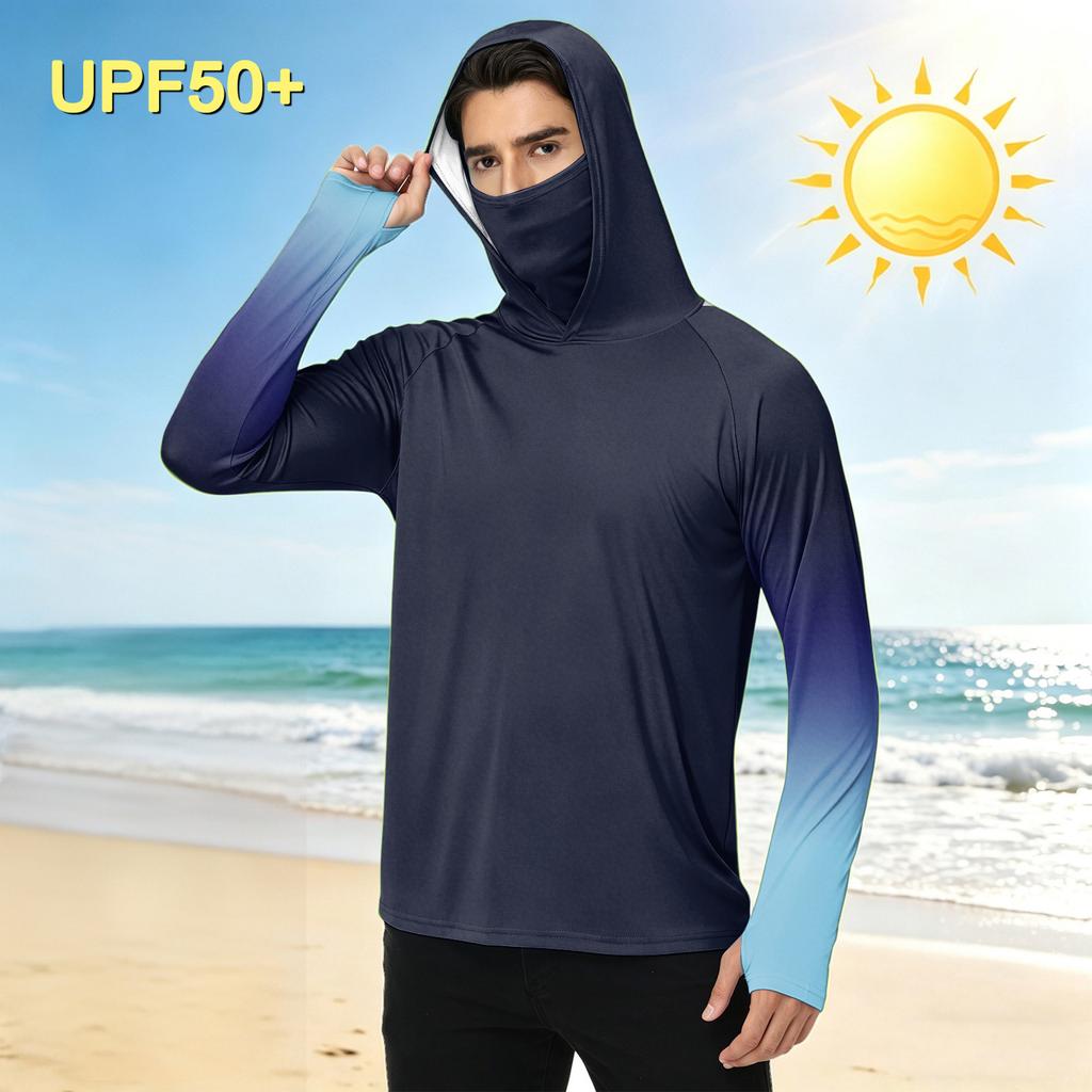 Men's Outdoor Casual Gradient Print Hooded Long Sleeve Sun Protection Shirt Lightweight Breathable Quick Dry Sports Top