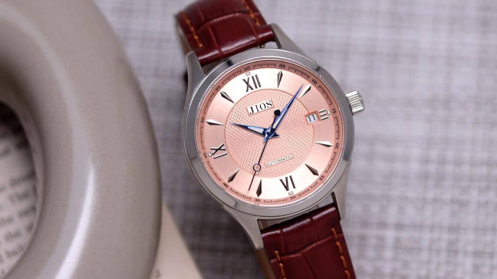 JIOS Automatic Made In Genuine Leather Sapphire Crystal Salmon Blue Brown Crocodile Embossed Men's Watch, Japan, Strap, (Biwamasu Design, Hands,