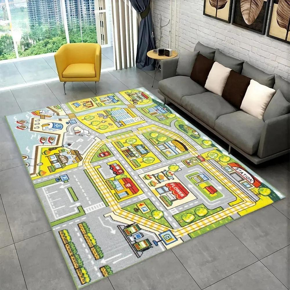 Interactive Highway City Traffic Floor Mat Large Non-Slip Carpet for Playroom Living Room Fun Rug Kids' Bedroom Play Area Decor